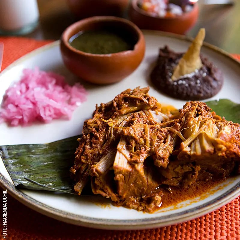 Cochinita Pibil, the most famous dish of Yucatecan cuisine, accompanied with beans and red onion.