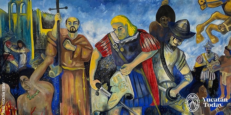 Painting about the Auto de Fe of Maní created by the artist Fernando Ramírez, located in the lower part of the Municipal Palace.